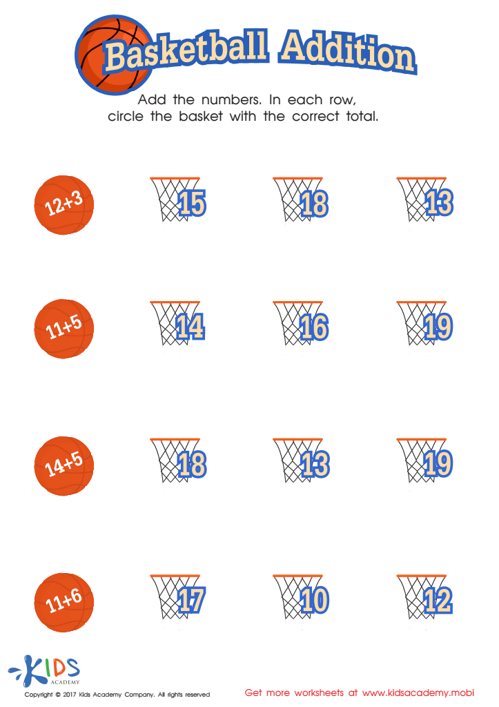 Basketball Addition Worksheet Free Printable PDF For Children
