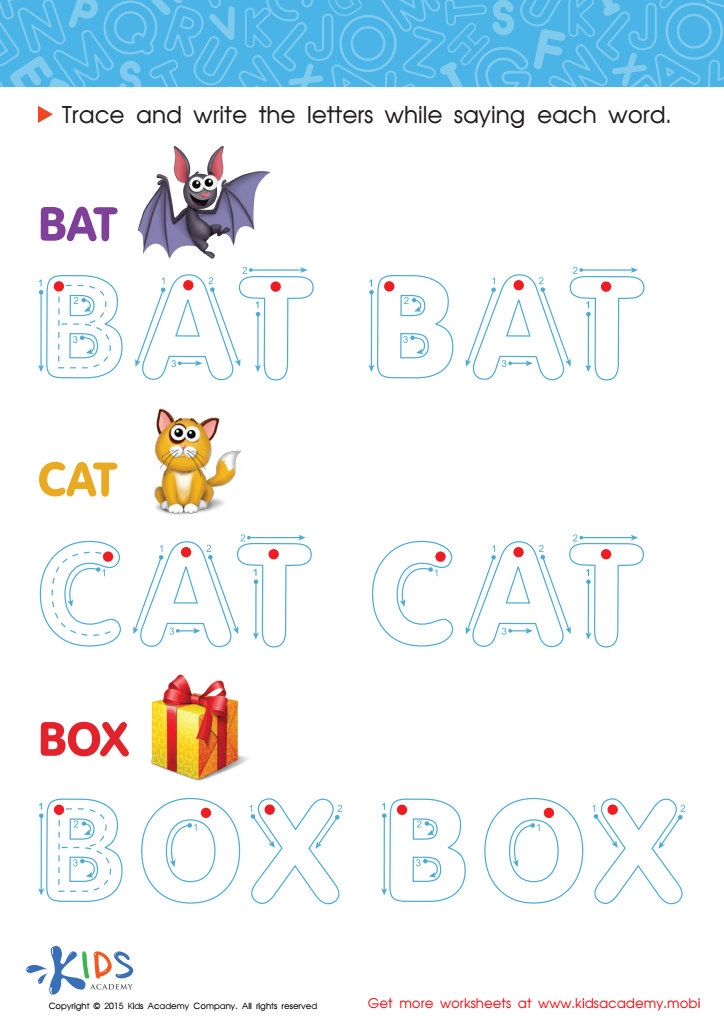 Spelling PDF Worksheets: A Bat, a Cat and a Box