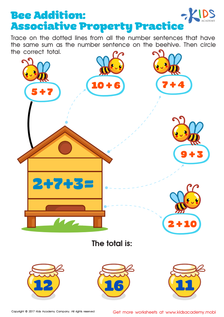 Bee Addition: Associative Property Practice Worksheet