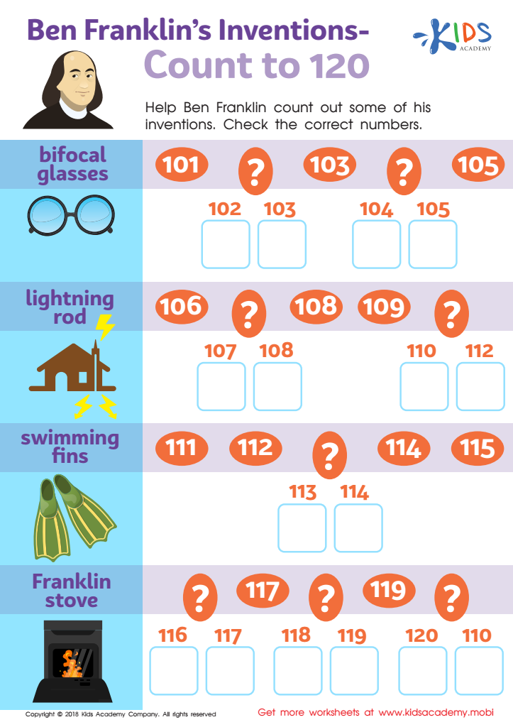 Ben Franklin’s Inventions – Count to 120 Worksheet