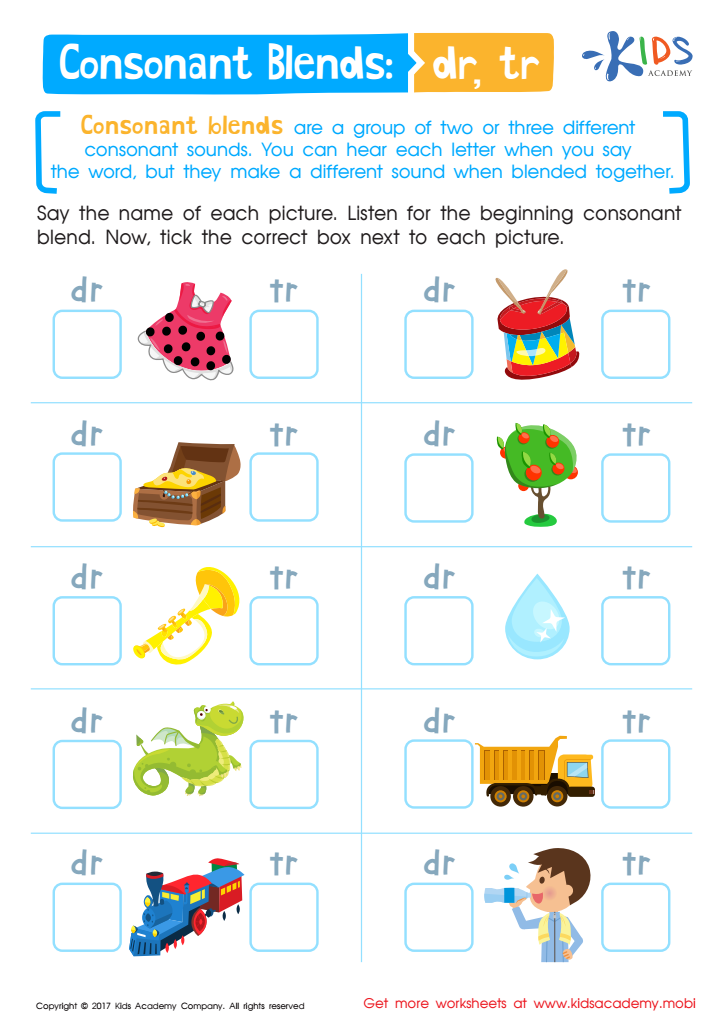 Consonant Blends: "Dr" and "Tr" Printable
