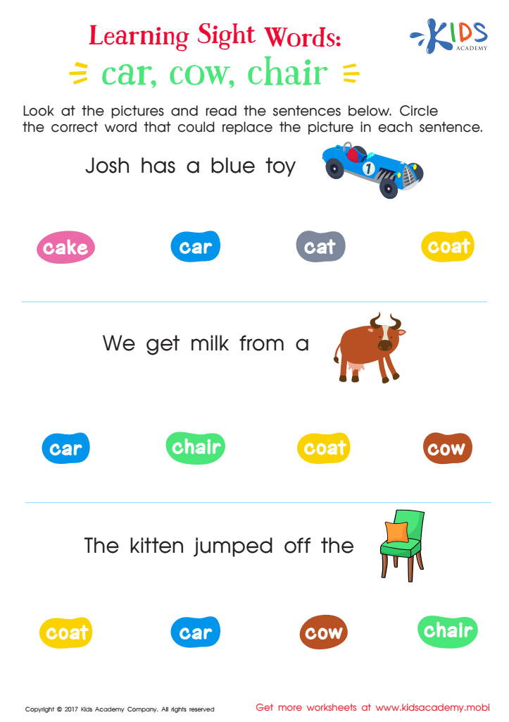 Sight Words Worksheet: Car, Cow, Chair