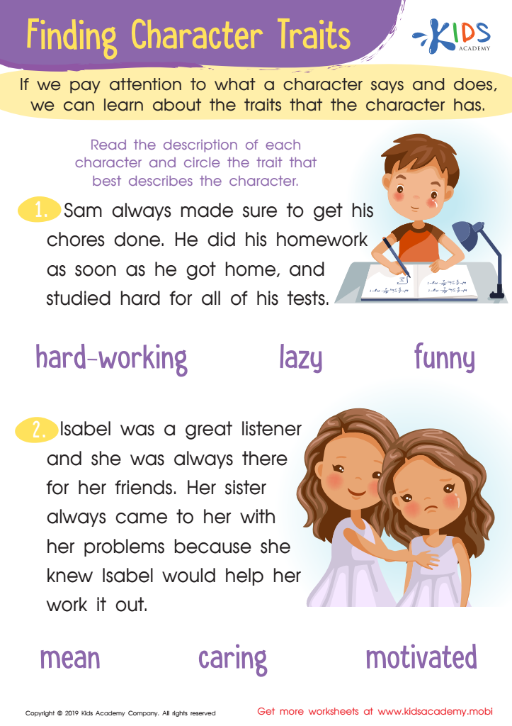 Finding Character Traits Worksheet