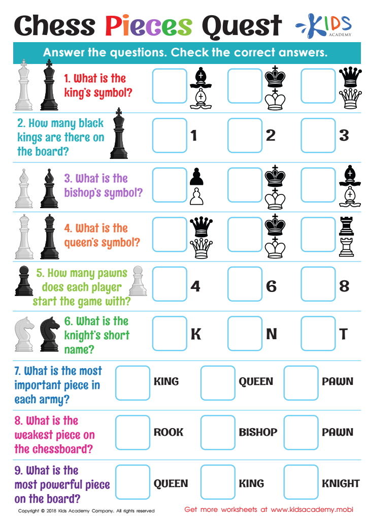 Chess Pieces Quest Worksheet Free Printable PDF for Kids