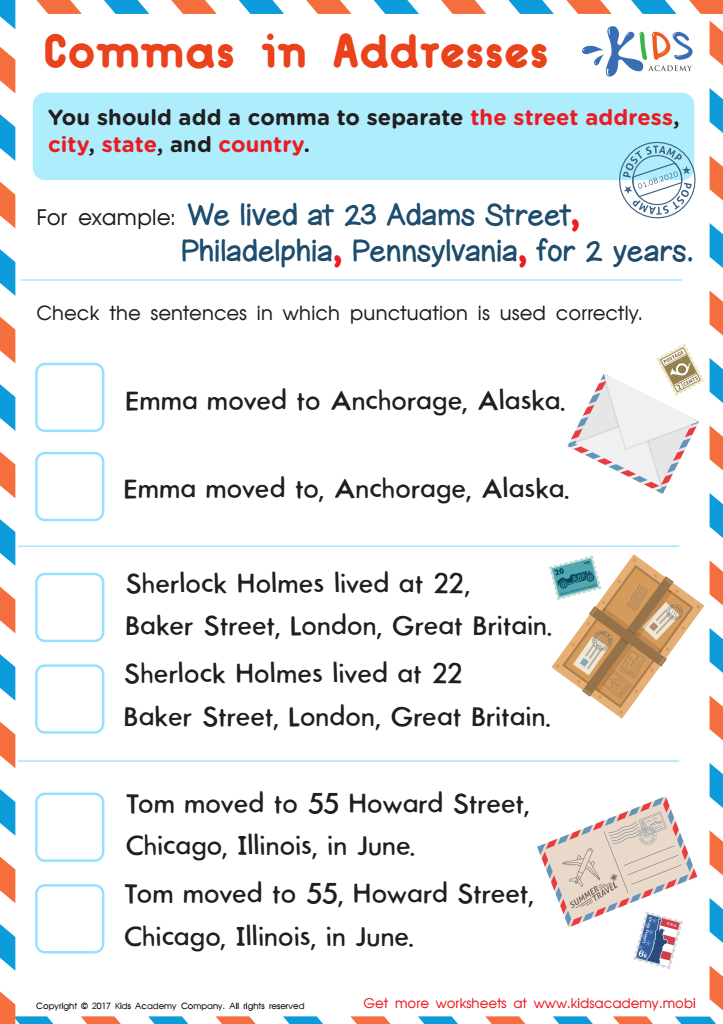 Commas in Addresses Worksheet