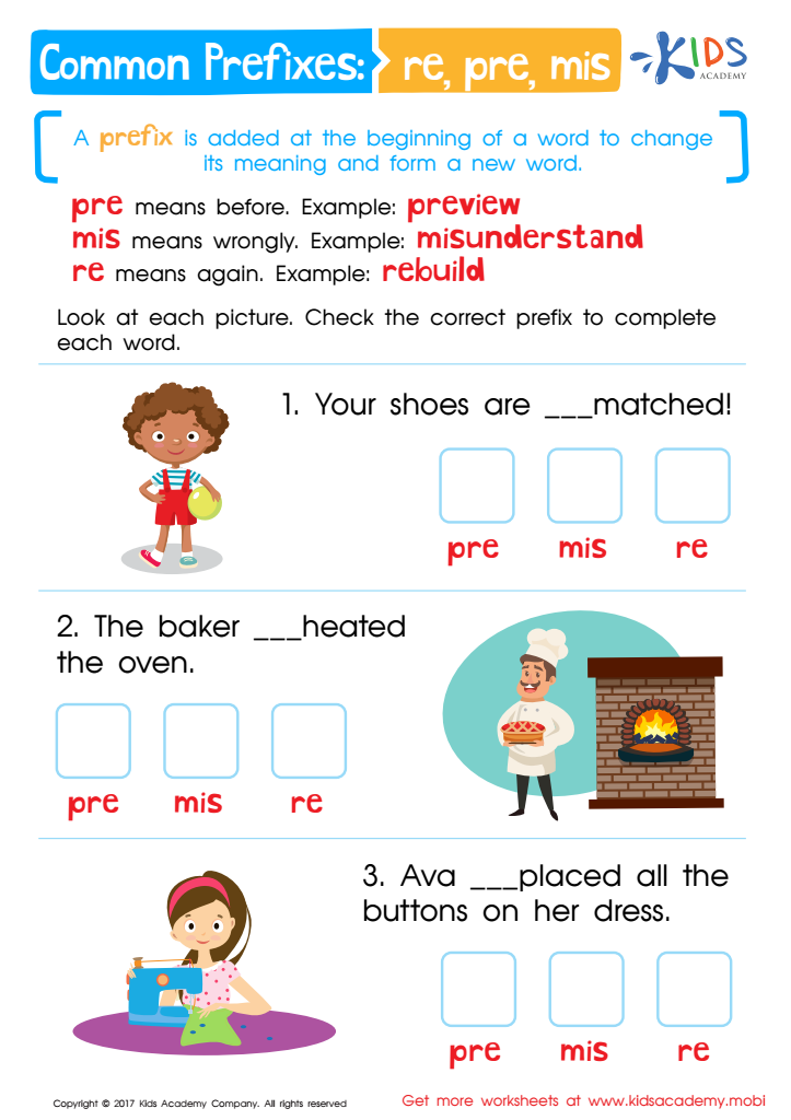 Common Prefixes Worksheet: RE, PRE, MIS