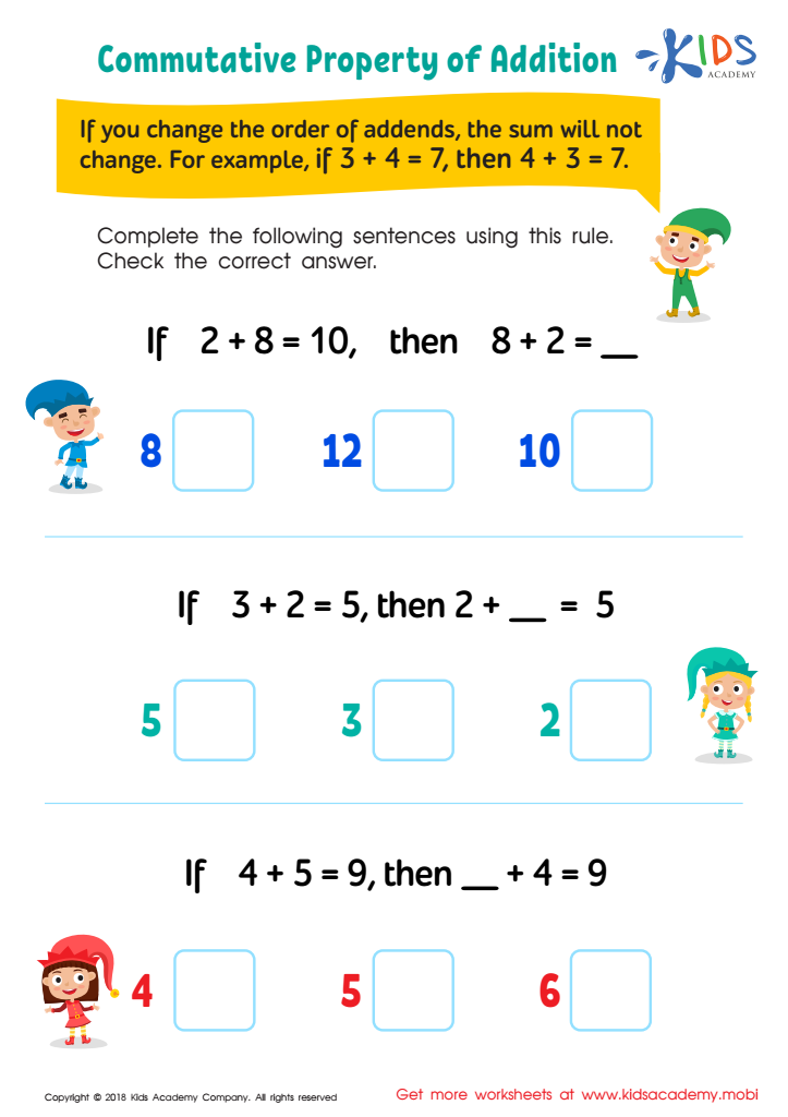 Commutative Property Of Addition Worksheet Free Printable PDF For Children Answers And