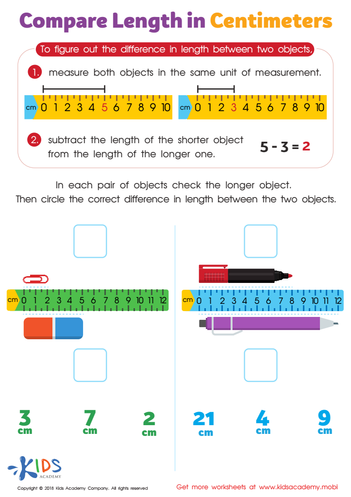 Compare Length in Centimeters Worksheet: Free Printout for Children