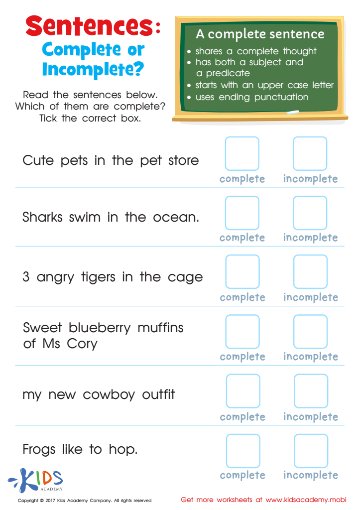 Sentences Complete Or Incomplete Worksheet Grammar Printable PDF For Kids