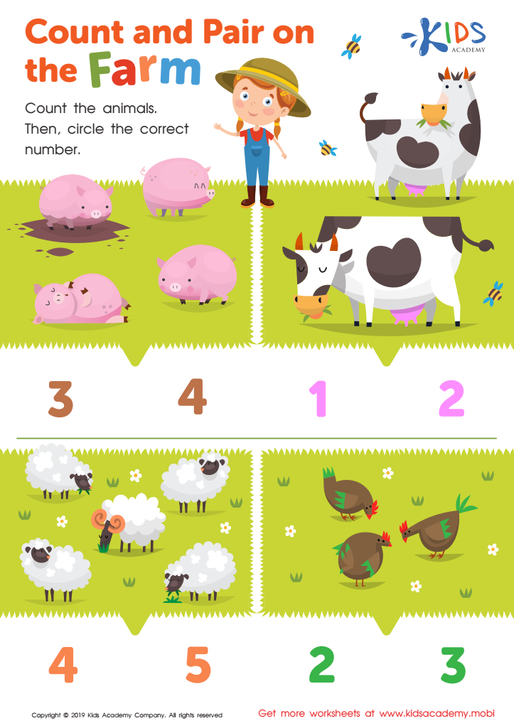 Count and Pair on the Farm Worksheet for kids