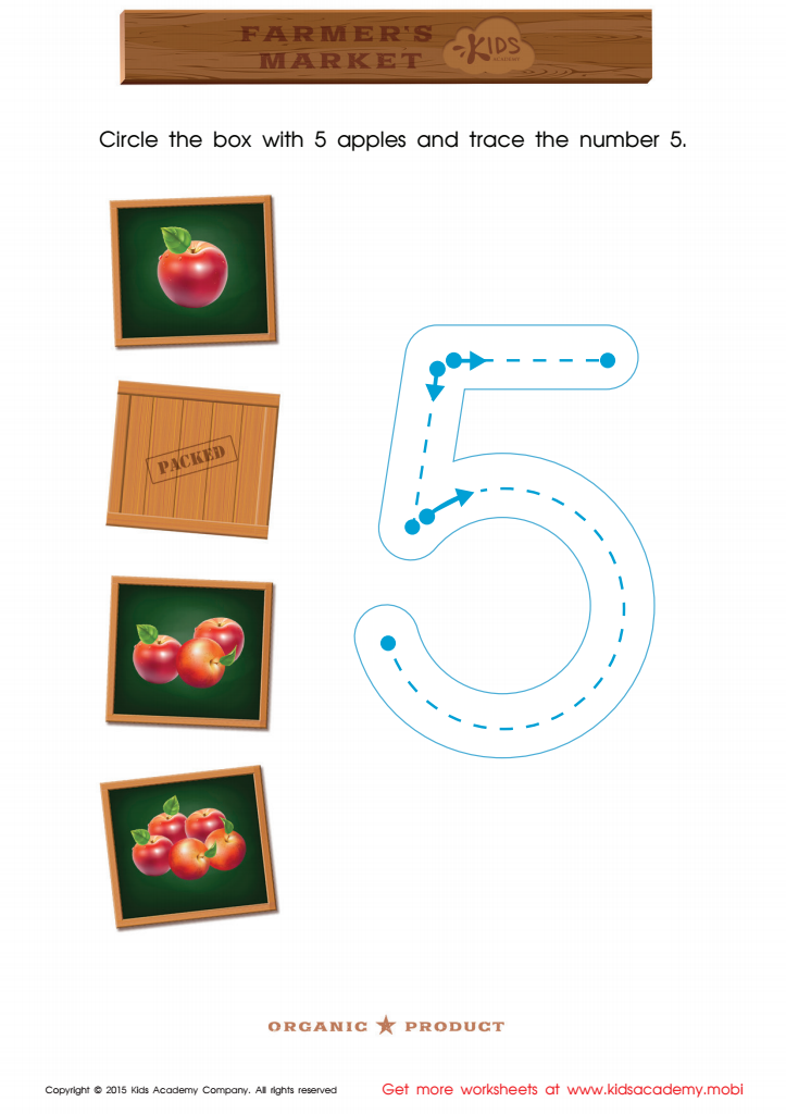 Math Game: Count the Apples and Trace the Number 5