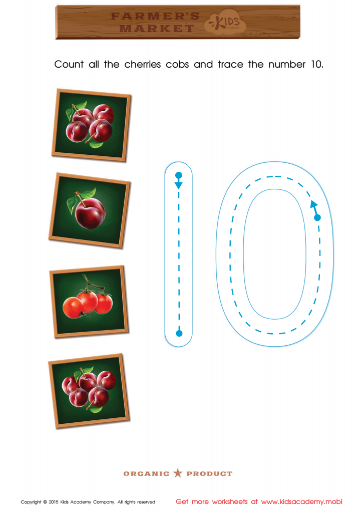Math Game: Count the Cherries and Trace the Number 10