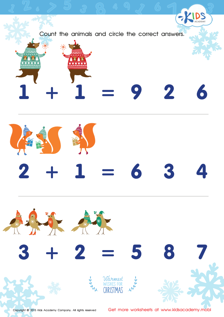 Count Funny Animals Worksheet: Christmas Math Printable PDF for Kids