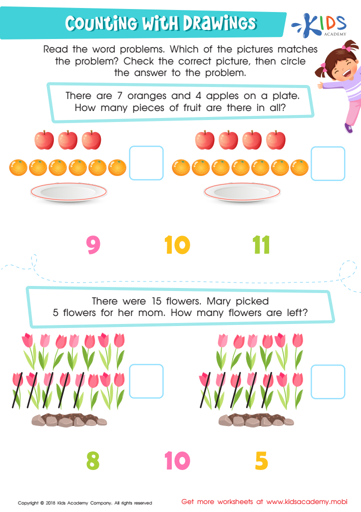 Counting with Drawings:Fruits & Flowers Worksheet