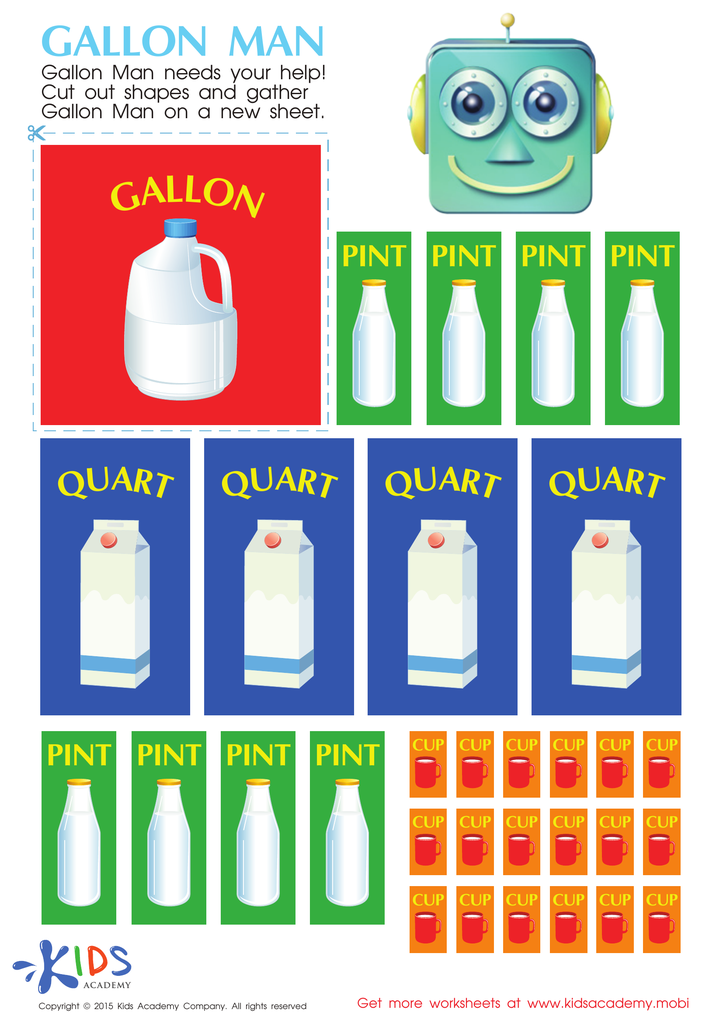 Math Measurement PDF Worksheets: Cups, Pints and Quarts With Gallon Man