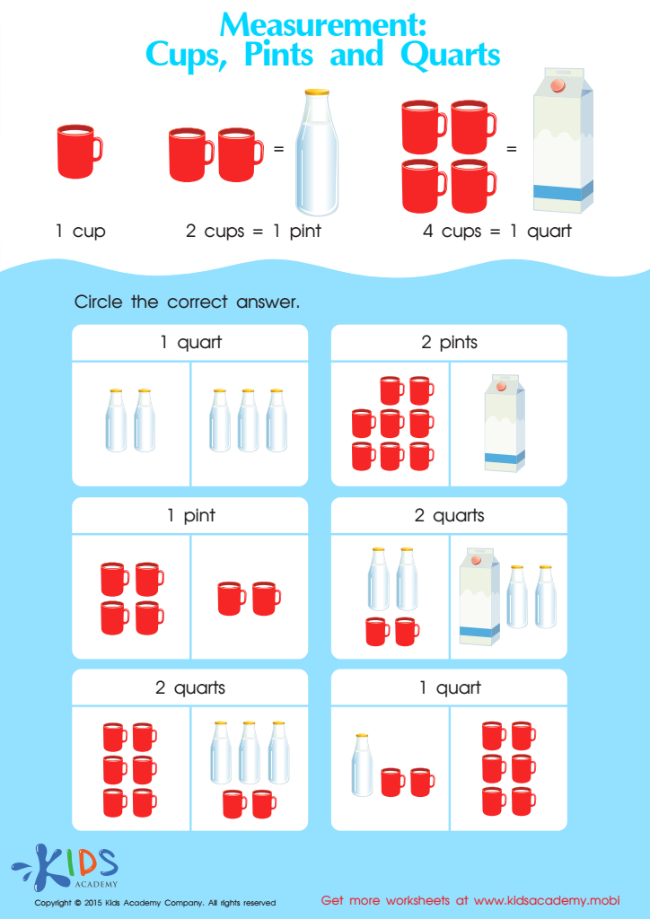 Math PDF Worksheets: Cups, Pints and Quarts