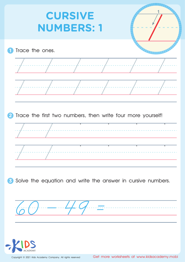 Cursive Numbers: 1 Worksheet