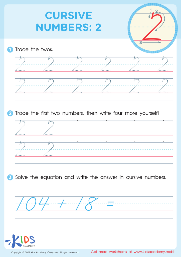Cursive Numbers: 2 Worksheet