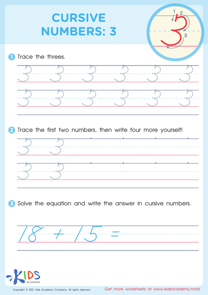 Cursive Numbers: 3 Worksheet