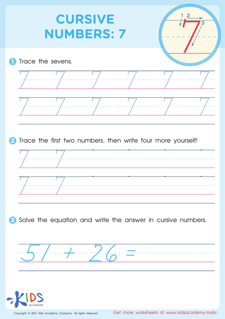 Cursive Numbers: 7 Worksheet