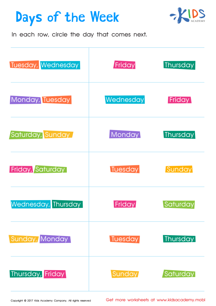 Days of the week worksheet