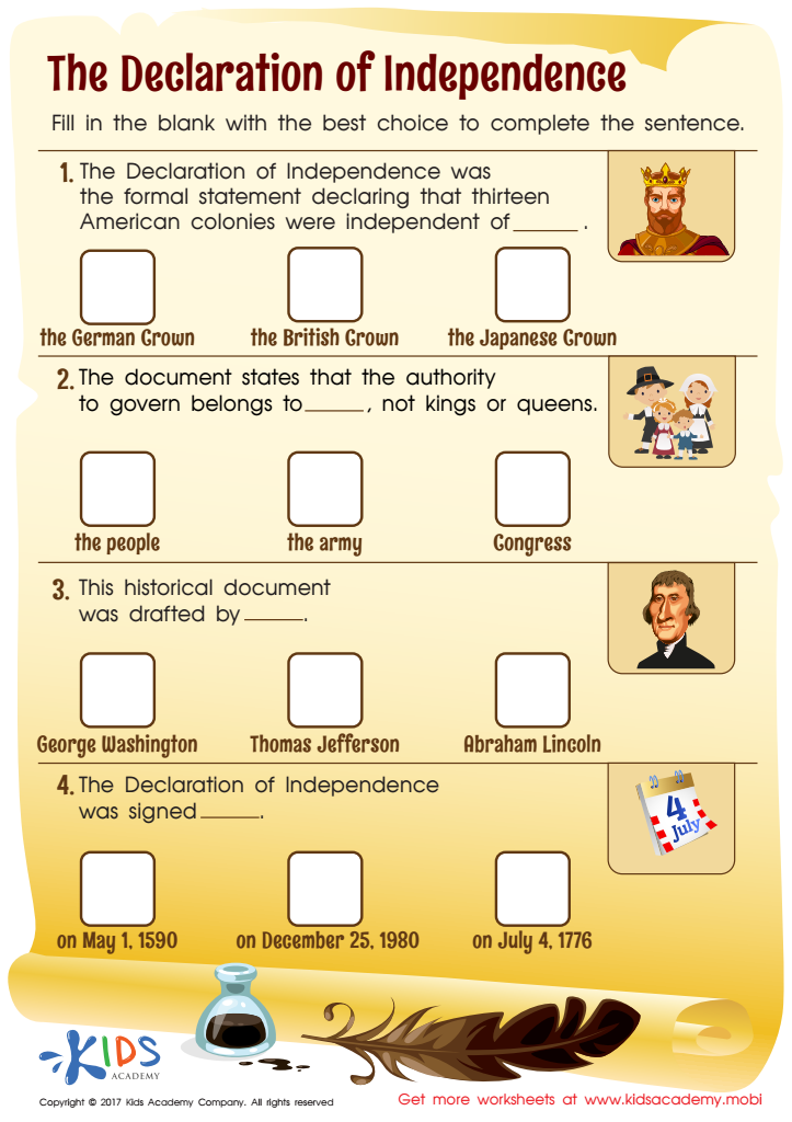 Declaration of Independence Worksheet: Free Printable for Kids