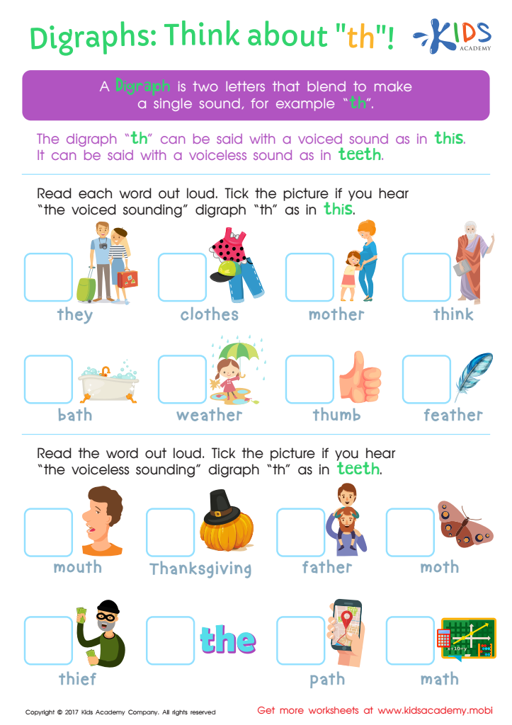 Digraphs Think About th Worksheet Free Printable For Kids