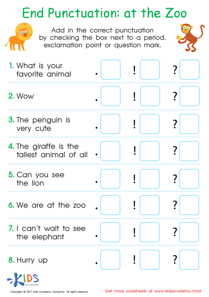 End punctuation worksheet: At the Zoo