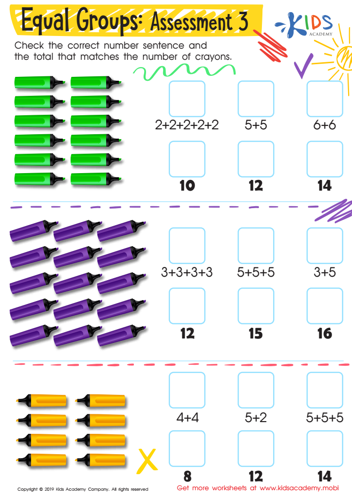 Equal Groups: Assessment 3 Worksheet for kids