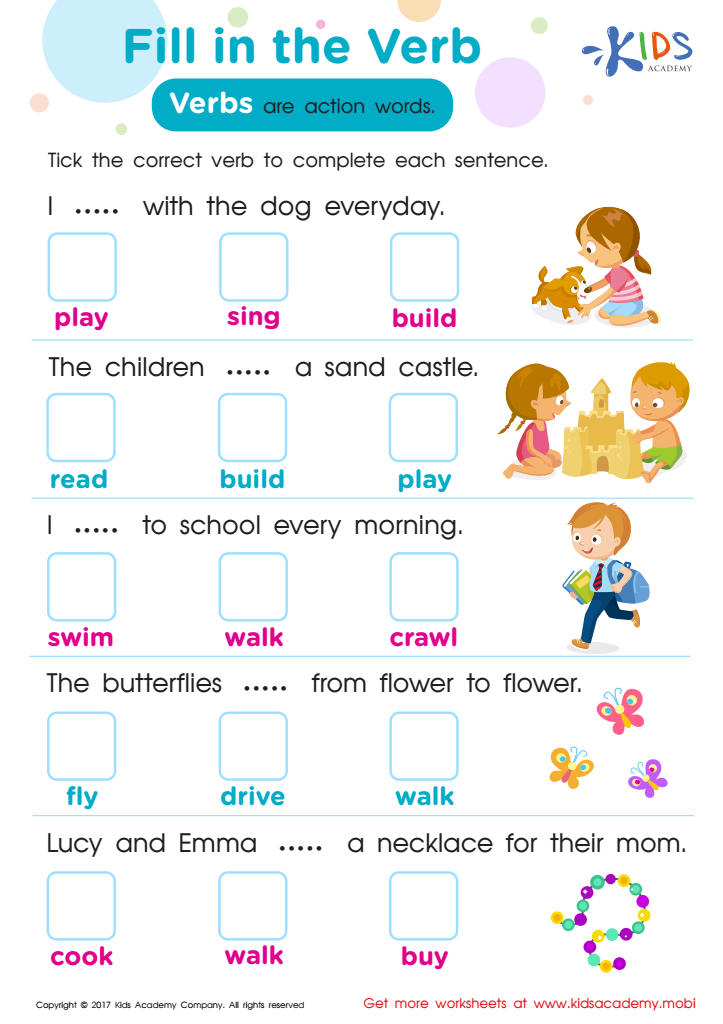 fill in the verb printable grammar worksheet for kids