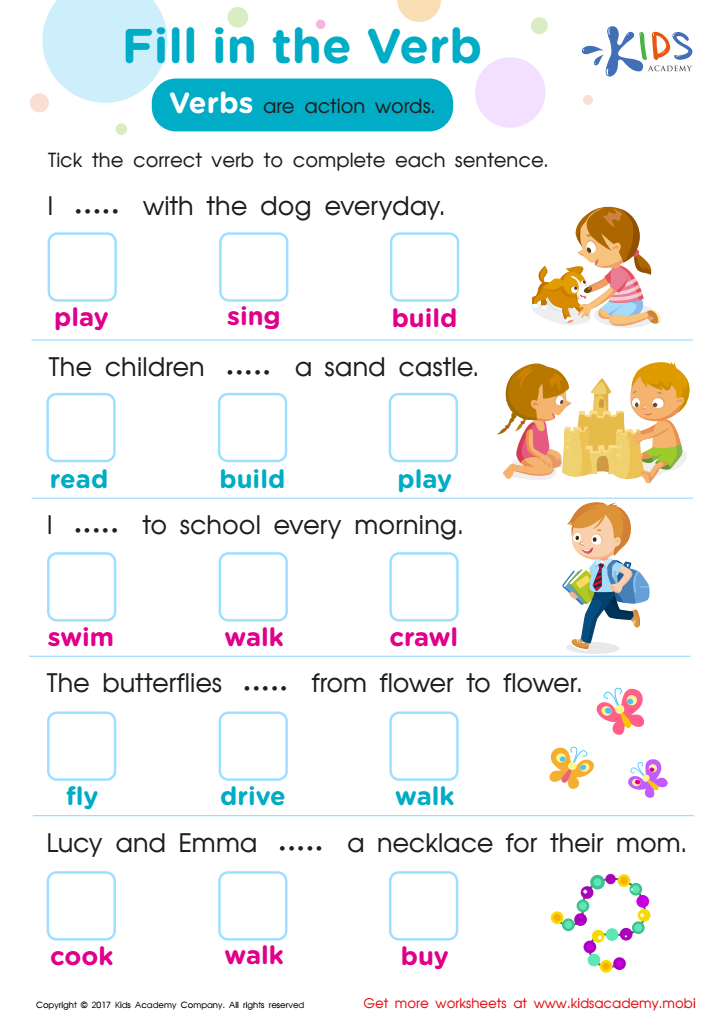 Action Verb Worksheet Worksheets For Kindergarten