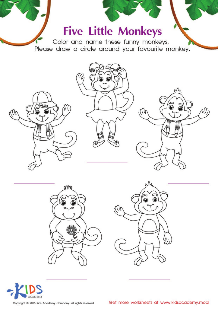 1st Grade Five Little Monkeys PDF Worksheets