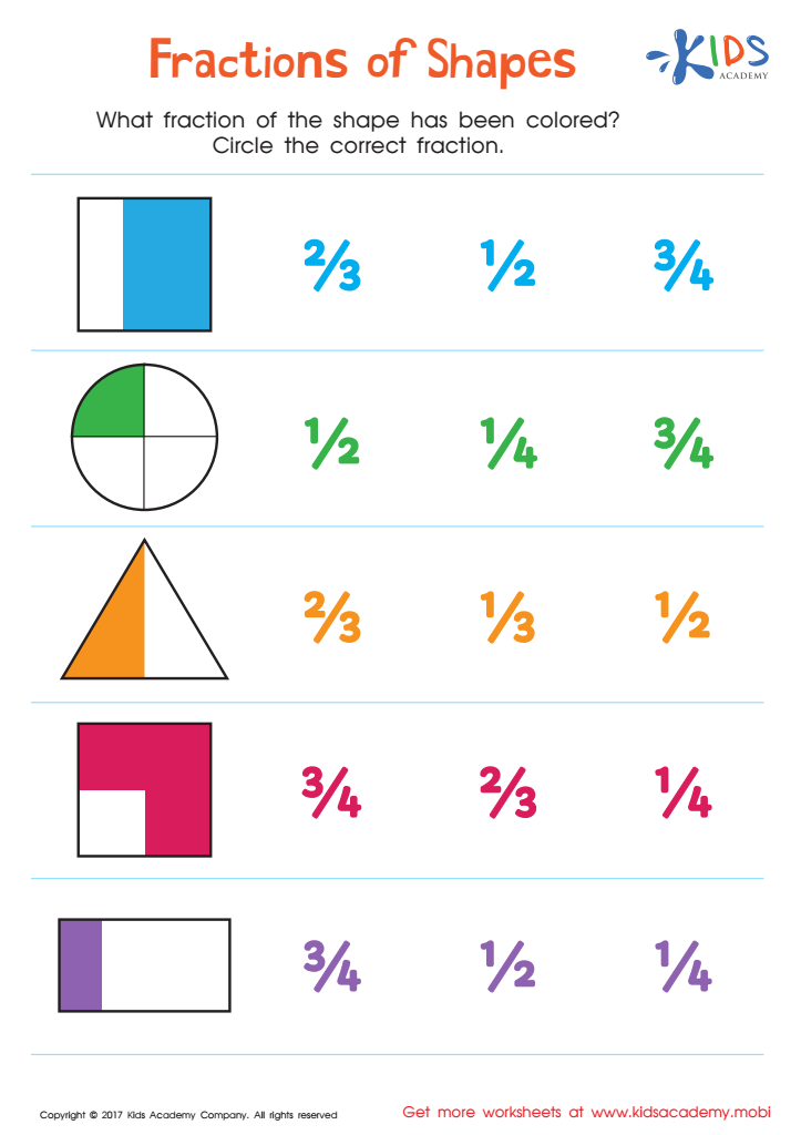Fractions of Shapes: Math Concept Worksheet, Free Printable PDF for Children