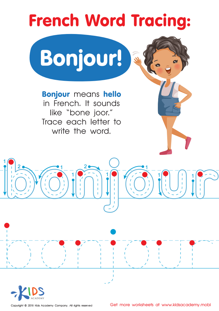 french word tracing bonjour worksheet for kids