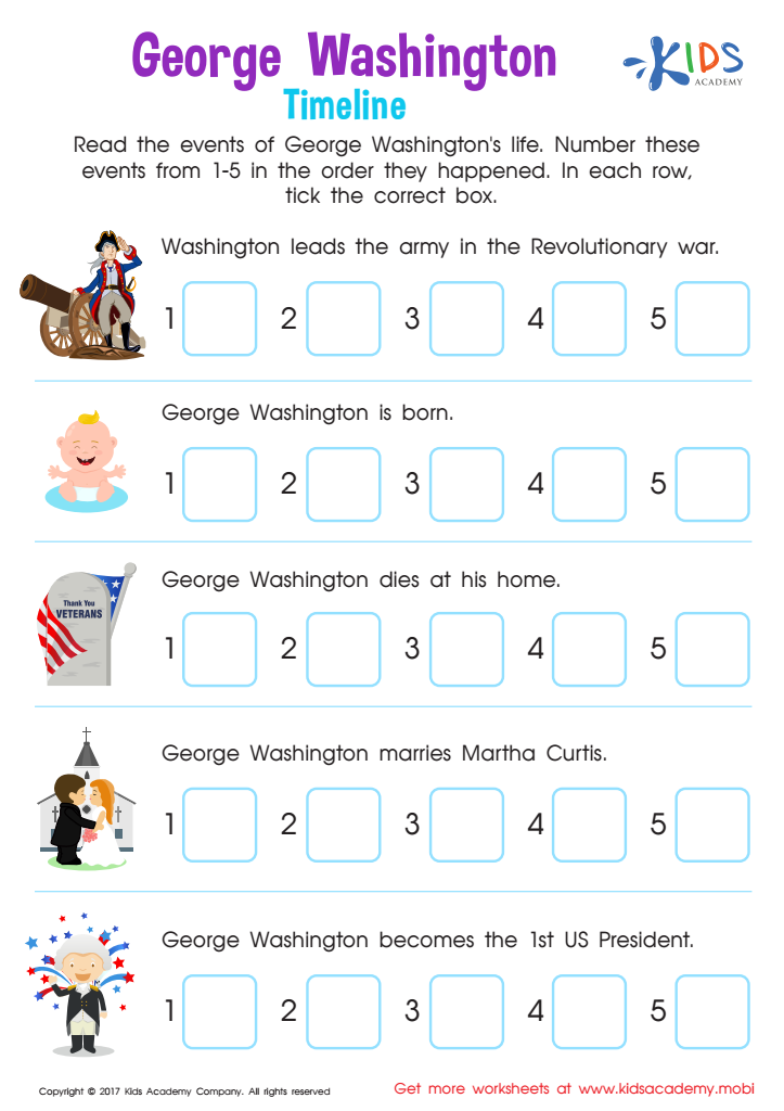 George Washington Timeline Worksheet Free Printable PDF For Kids