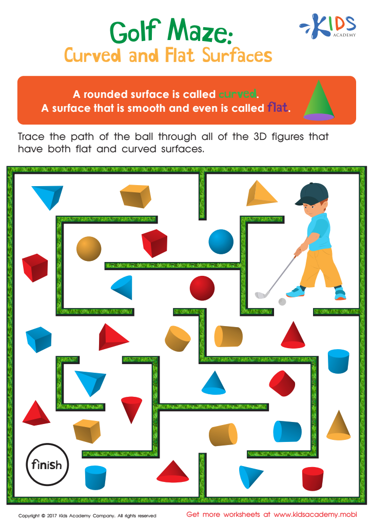 Golf Maze: Curved and Flat Surfaces Worksheet: Free Printable PDF for Kids