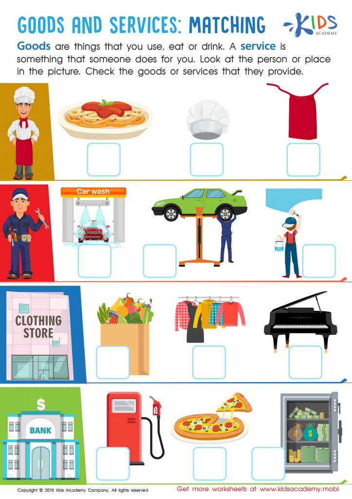 Goods and Services: Matching Worksheet for kids