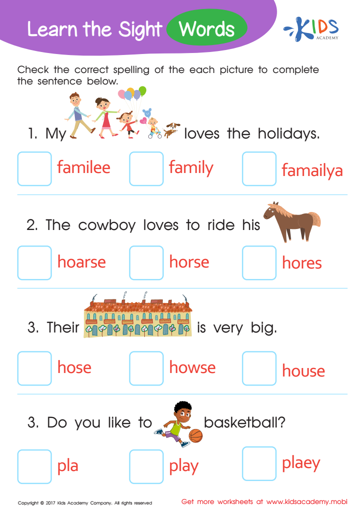 Family, Horse, House, Play Sight Words Worksheet