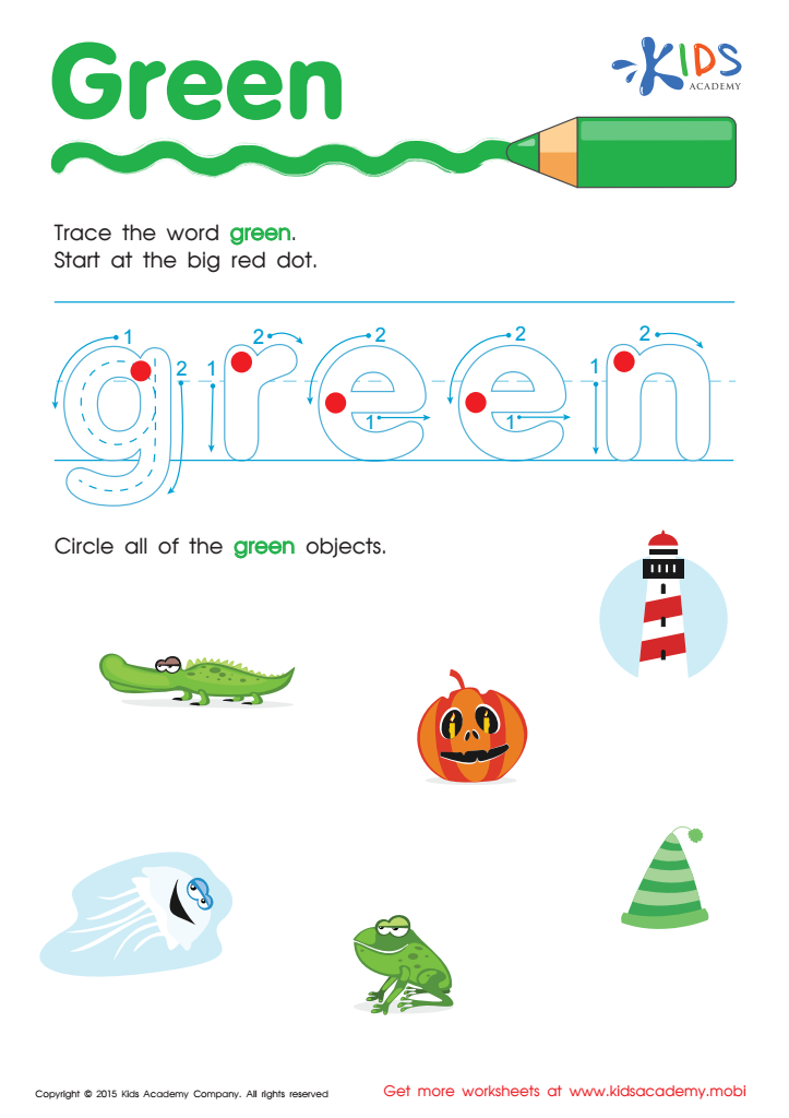 Handwriting PDF Worksheets | Tracing Color Words | Green
