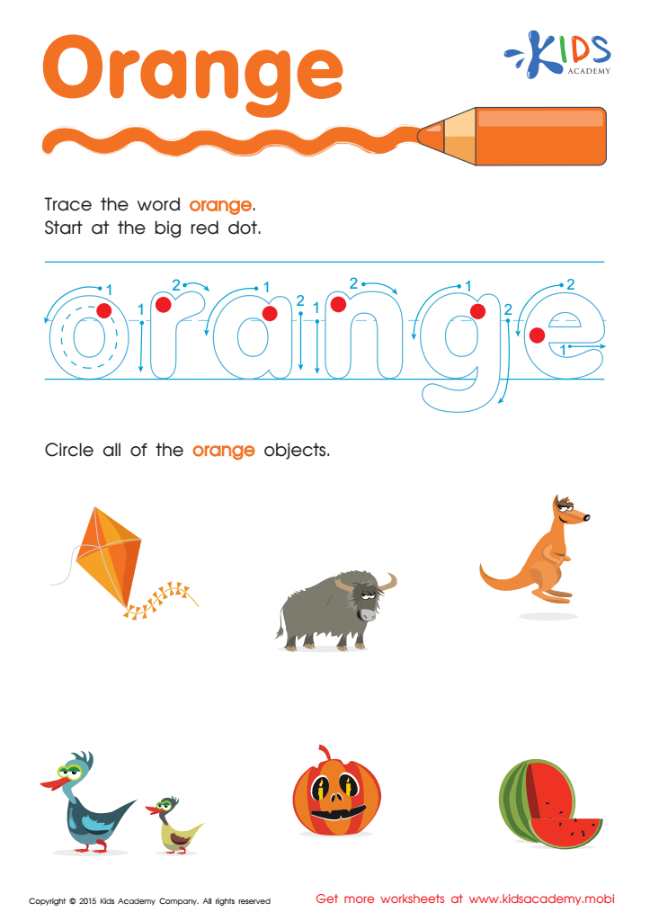 Handwriting PDF Worksheets | Tracing Color Words | Orange