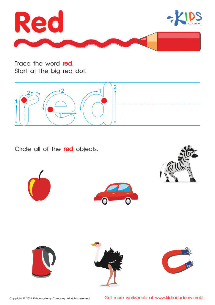 Handwriting PDF Worksheets | Tracing Color Words | Red