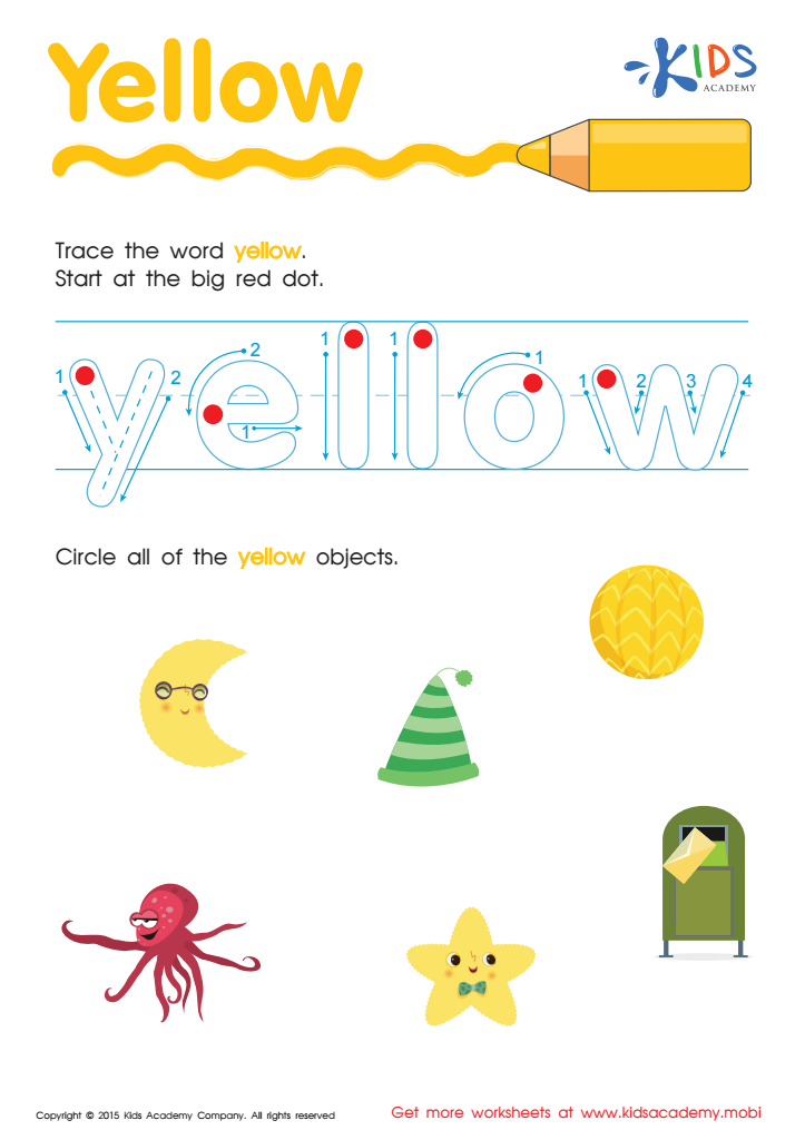 Handwriting PDF Worksheets | Tracing Color Words | Yellow