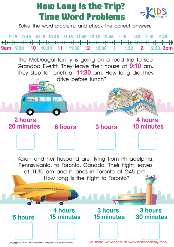 How long is the Trip? Time Word Problems Worksheet