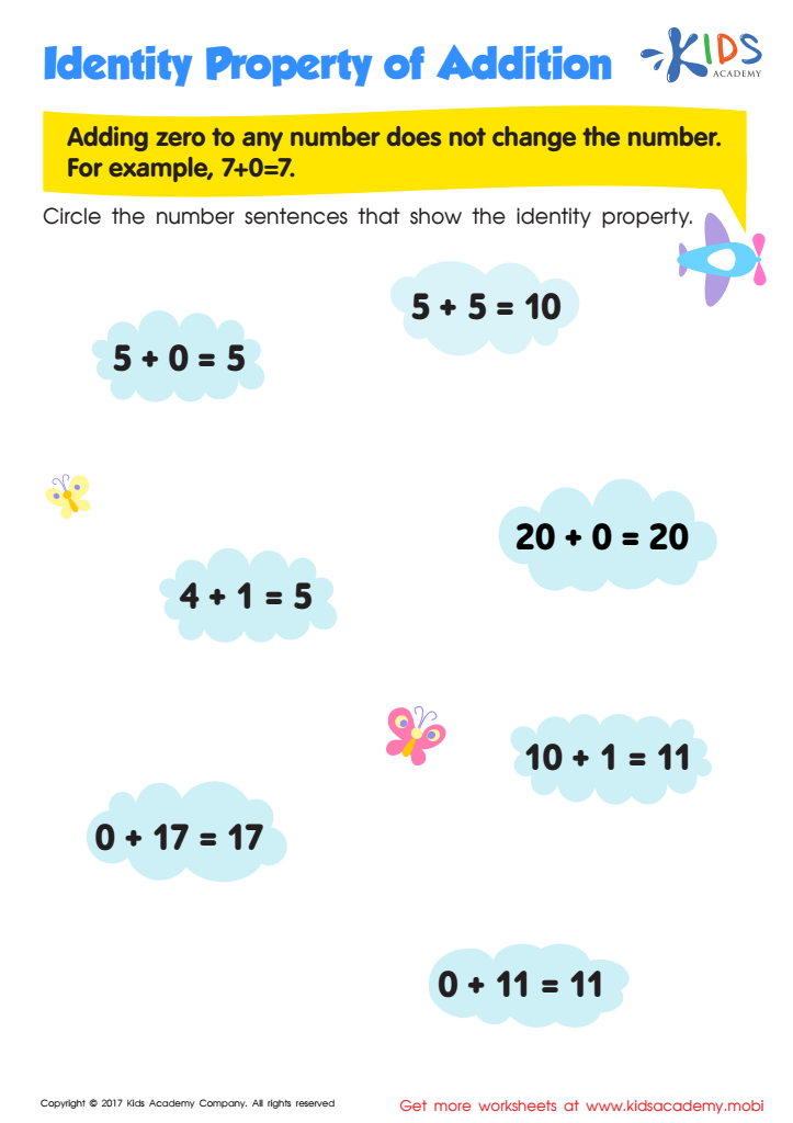 identity property of addition worksheet printable pdf for kids