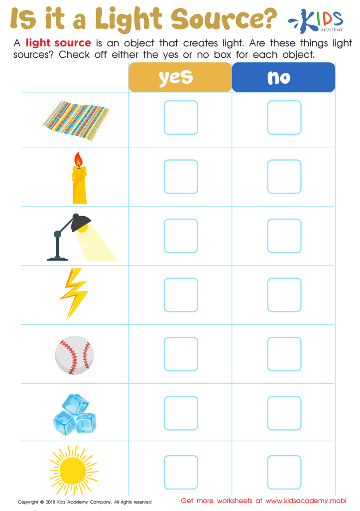 Sources Of Light Worksheets