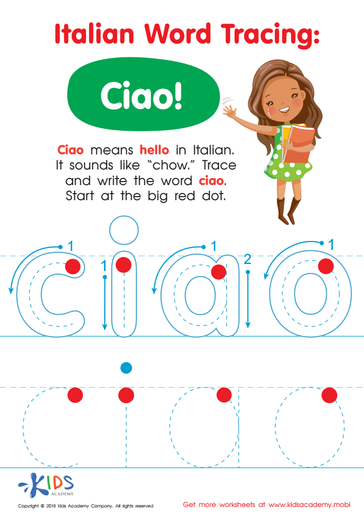 Italian Word Tracing: Ciao Worksheet for kids