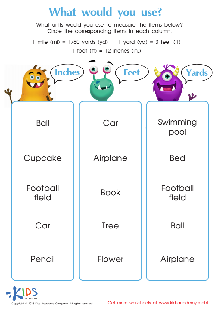 Learning about measuring objects in inches, feet and yards Worksheet: Free  Printable PDF for Kids