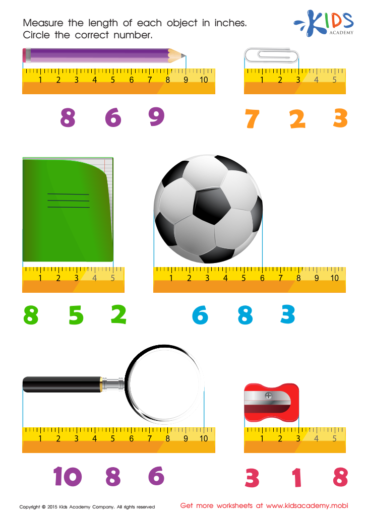 Math PDF Worksheets: Learning measuring objects in inches