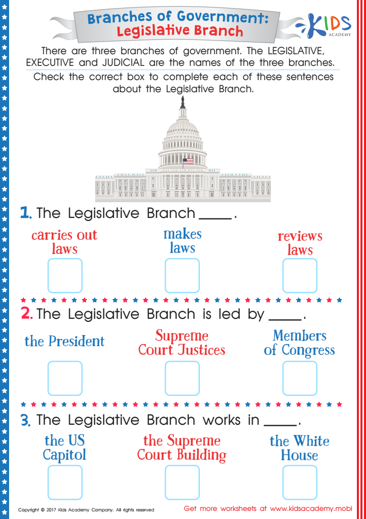 US Legislative Branch Worksheet Free Printable PDF For Kids Answers And Completion Rate