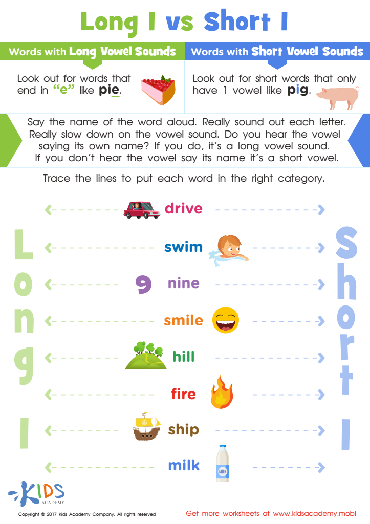 Long and Short Vowel I Spelling Worksheet: Free Printable for Kids